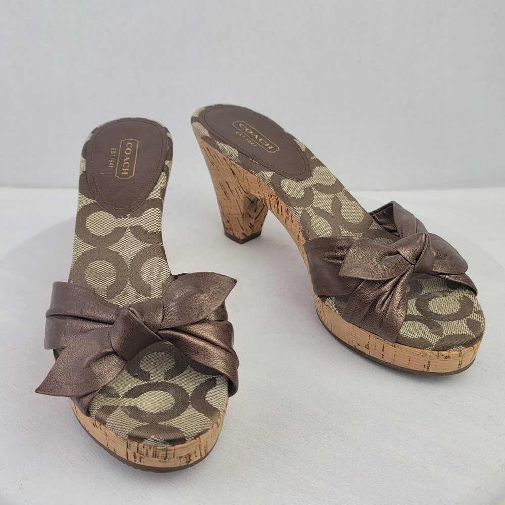 Vintage Coach Karen Leather Bronze Bow Cork Platform Slide Heels Size 7.5B